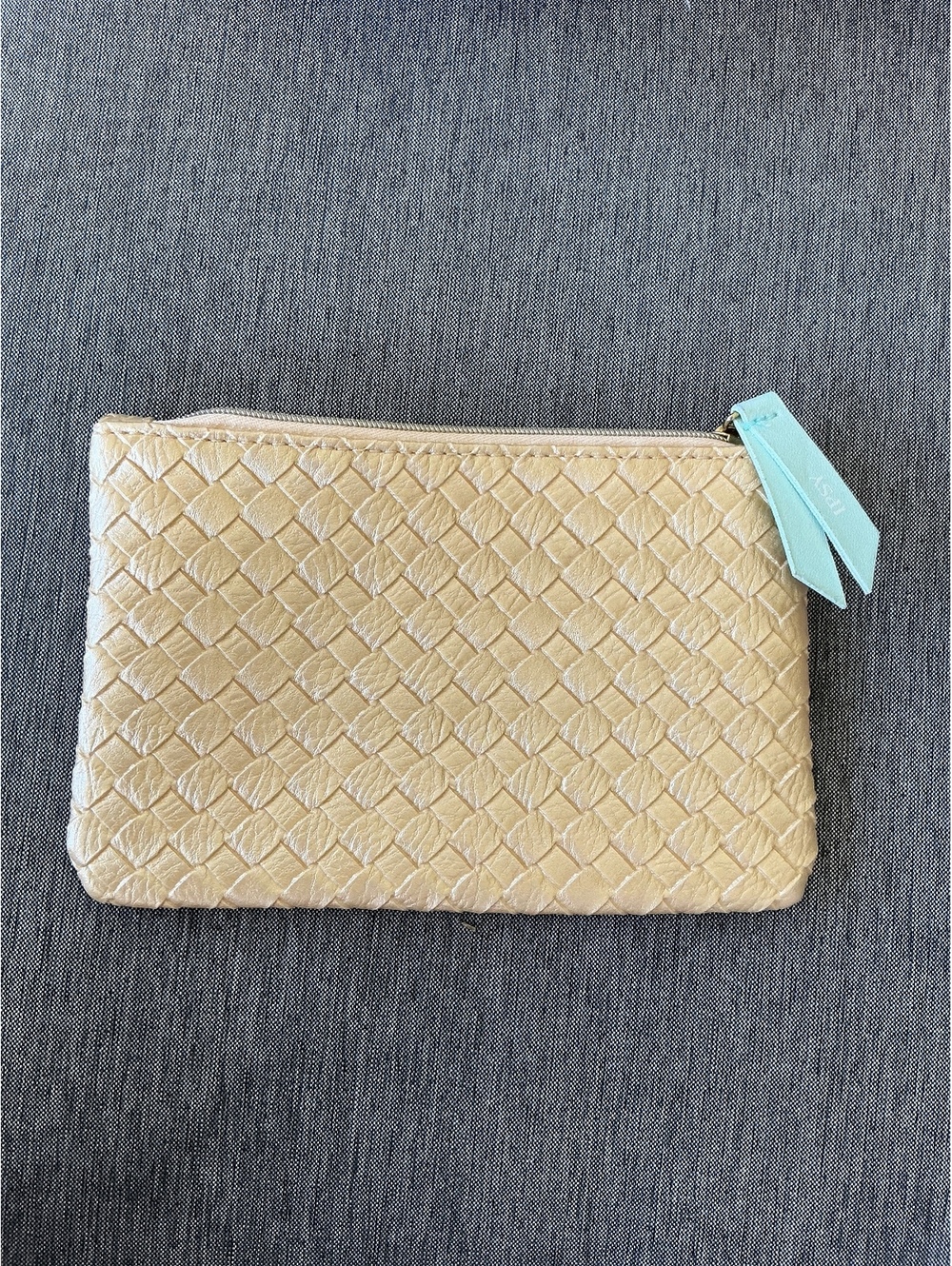 Gold Woven Velvet Zipper Pouch with Mint Green Interior and Dual Mint Zipper Tux